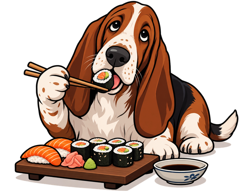 Un basset hound comiendo sushi